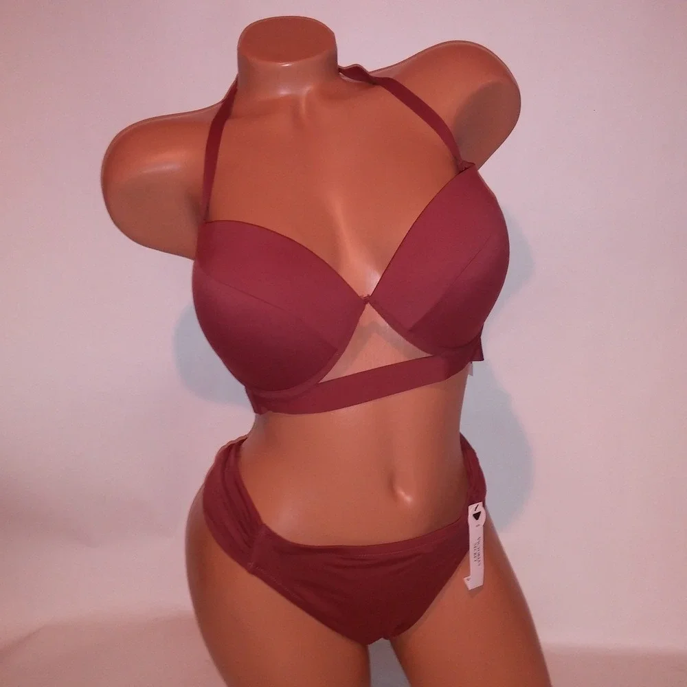 Victoria Secret Swim Bikini 38D Top XL Bottom Bikini Ginger Push Up Solid Hottie